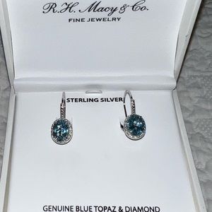 Macy’s Oval Blue Topaz Drop Earrings in Sterling Silver NIB